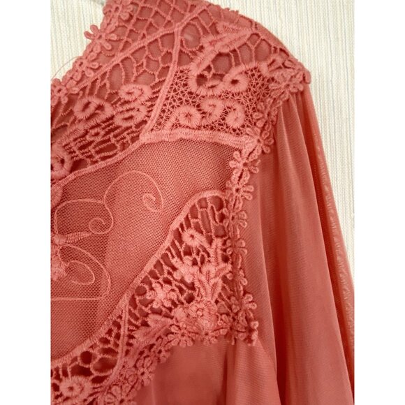 Indigo Thread 3X Coral Orange Chiffon Embroidered Popover Top Boho Back Buttons - Picture 4 of 9